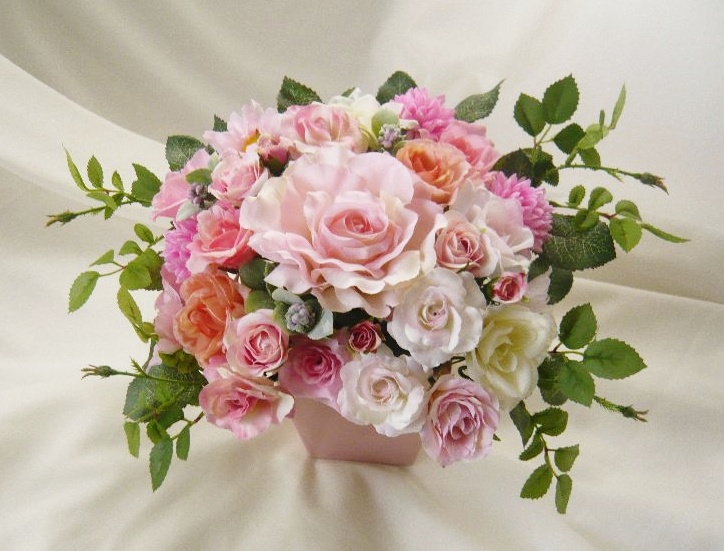 高級造花アレンジ 結婚プレゼント 造花通販 アーティフィシャルフラワー ピンクシルクフラワー